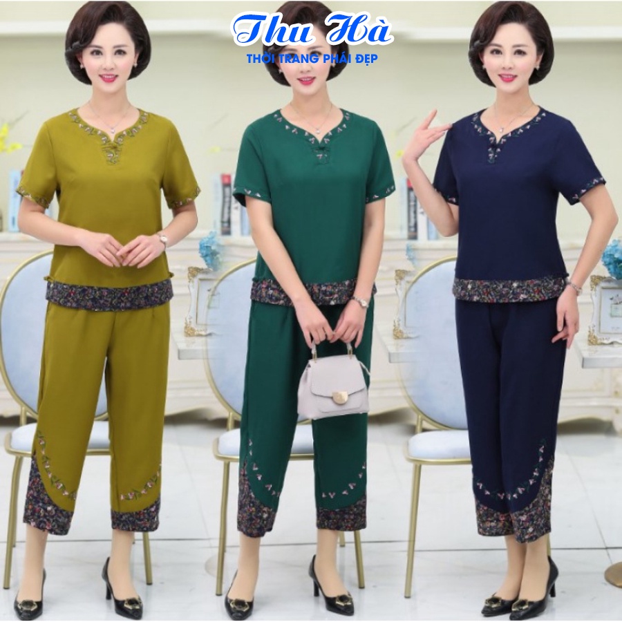 Đồ bộ mặc nhà tay ngắn họa tiết thêu hoa Thu Hà quần áo trung niên cho mẹ form rộng rãi thoải mái ĐBH.18