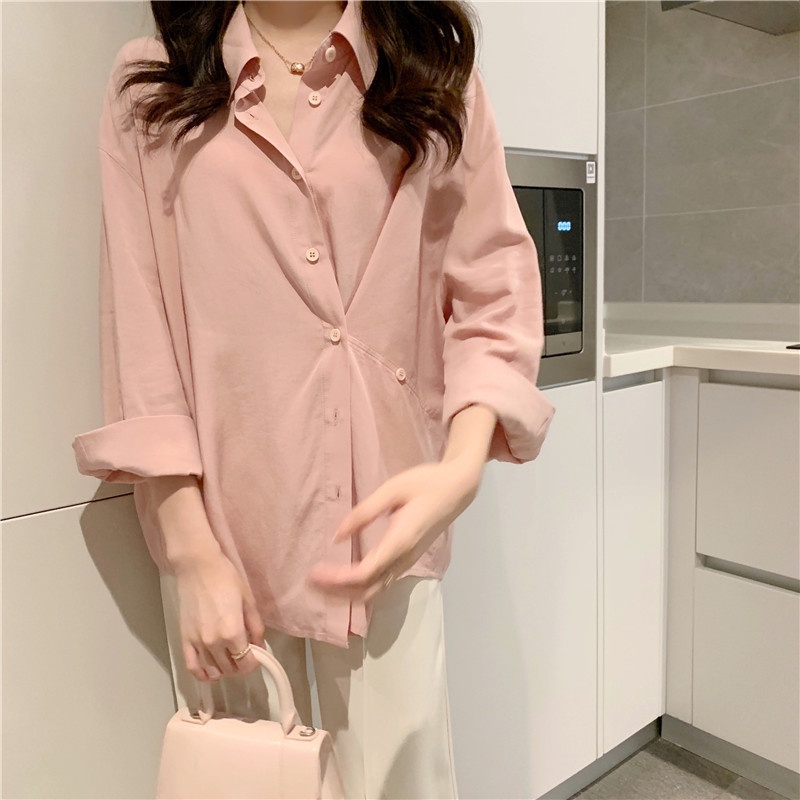 Áo sơ mi nữ dài tay áo kiểu cổ bẻ vintage công sở form rộng basic vạt lệch phong cách Hàn Quốc S3T5-6