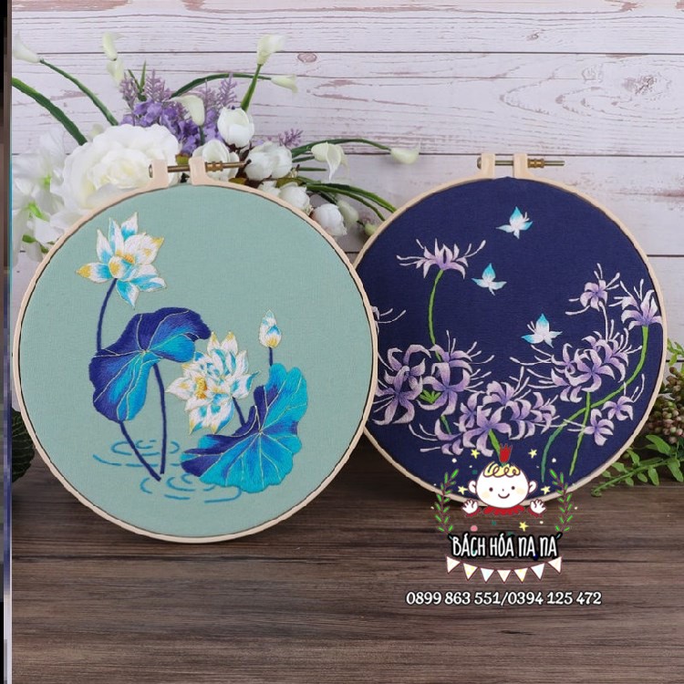 Kit thêu tay mẫu Hươu trăng Hoa sen xanh Bộ nguyên liệu tranh phong cảnh - Xuân Khởi - Bách hóa Nana Handmade