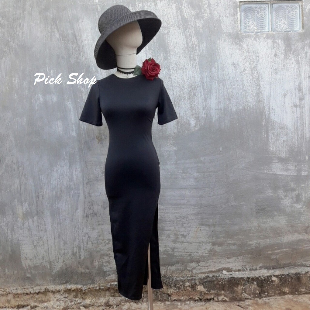 Pick Shop - Đầm thun đen ôm body xẻ tà 2 bên
