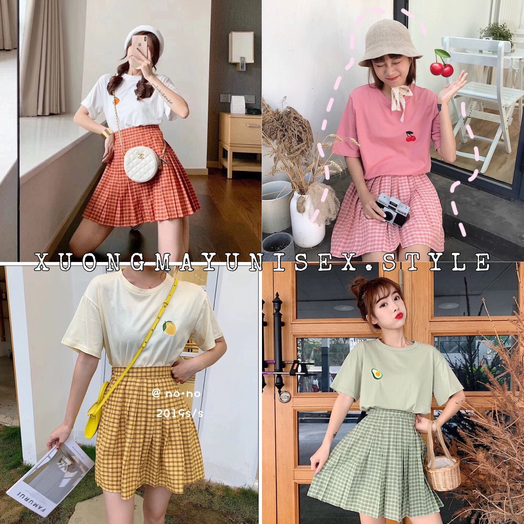 SET ÁO PHÔNG THÊU HOA QUẢ + CHÂN VÁY CARO ULLZZANG - SET VÁY BẠN THÂN