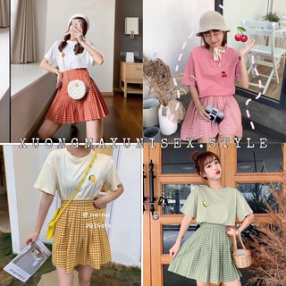 SET ÁO PHÔNG THÊU HOA QUẢ + CHÂN VÁY CARO ULLZZANG - SET VÁY BẠN THÂN