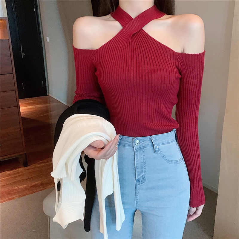 QKOOLE  Áo dệt kim tay dài dáng ôm phong cách Hàn Quốc quyến rũ dành cho nữ