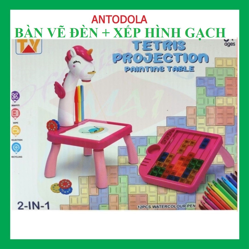 Bàn Vẽ Thông Minh Chiếu Hình Đa Năng Cho Bé, Đèn vẽ tranh cho bé có đèn, Đồ chơi xếp hình gạch cho bé  2 in1