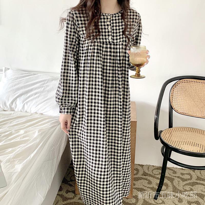 Đầm Ngủ Tay Dài Họa Tiết Caro Đen Đơn Giản Thời Trang Xuân Thu Cho Nữ