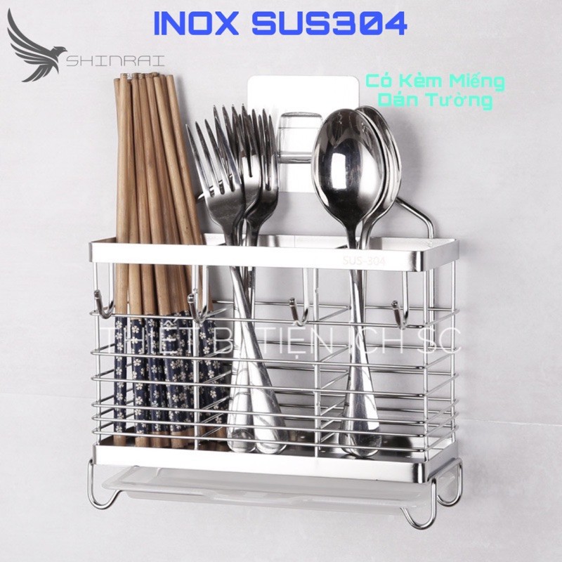 Ống Đựng Đũa , Giỏ Đựng Thìa , Muôi , Muỗng Có Móc Treo Khăn , Nạo Dưa INOX SUS304 F3 SHINRAI Kèm Miếng Dán Treo Tường