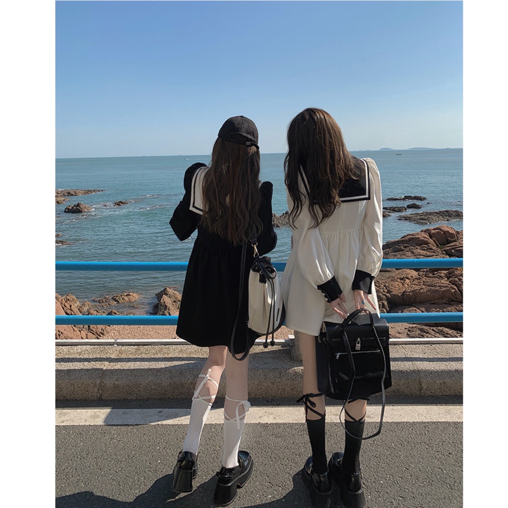 Đầm Babydoll thủy thủ dài tay Váy Trắng đen sơ mi ulzzang công chúa suông đẹp nữ Kozoda D35