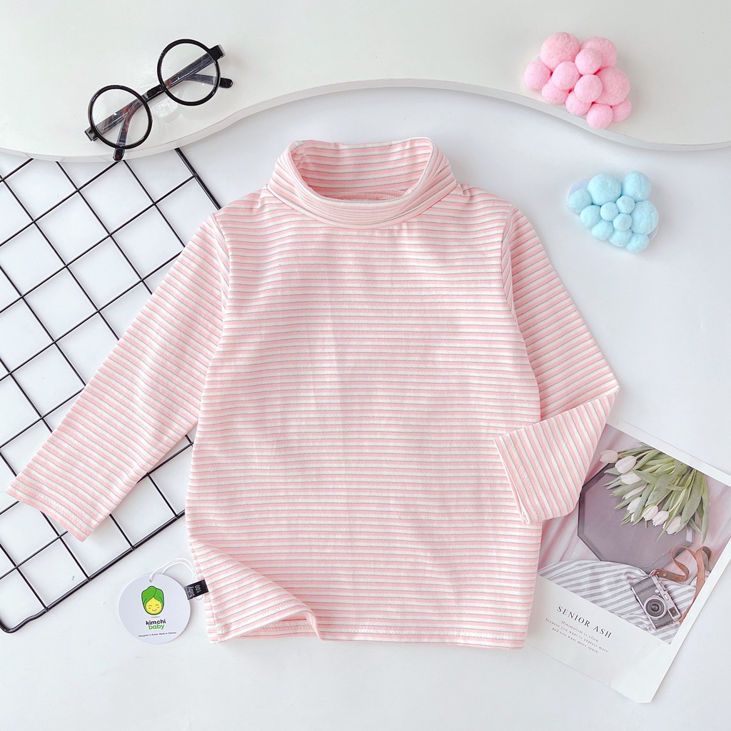 Áo Len Bé Trai, Bé Gái KIMCHIBABY Vải Thun Gân Cổ Cao 5P Kẻ Sọc, Áo Dài Tay Cho Bé Mặc Nhà Thu Đông KCAD2201