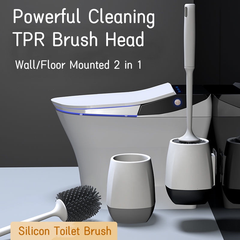 Bộ Bàn Chải Chà Toilet Đầu Tròn Kèm Giá Đỡ Cán Dài Tiện Dụng