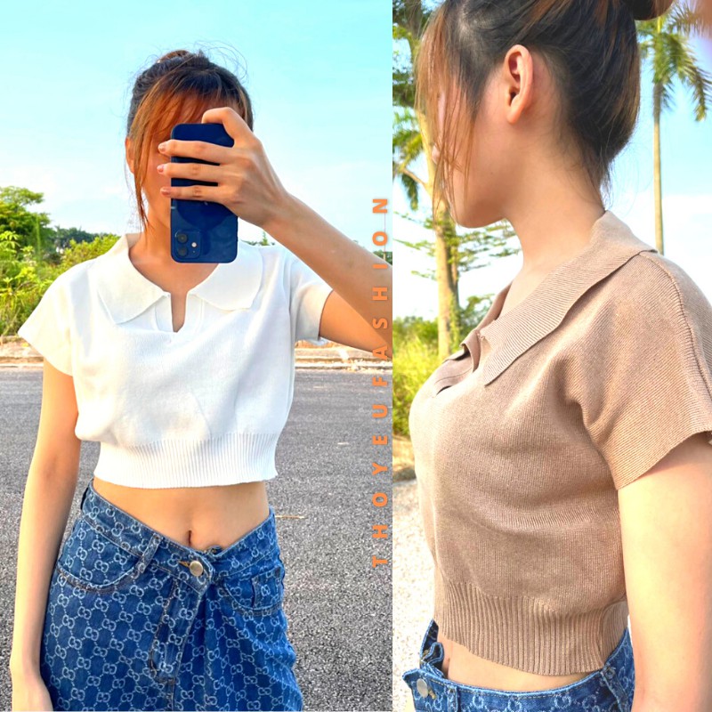 Áo croptop len tăm cổ polo cộc tay chất liệu dệt kim cao cấp