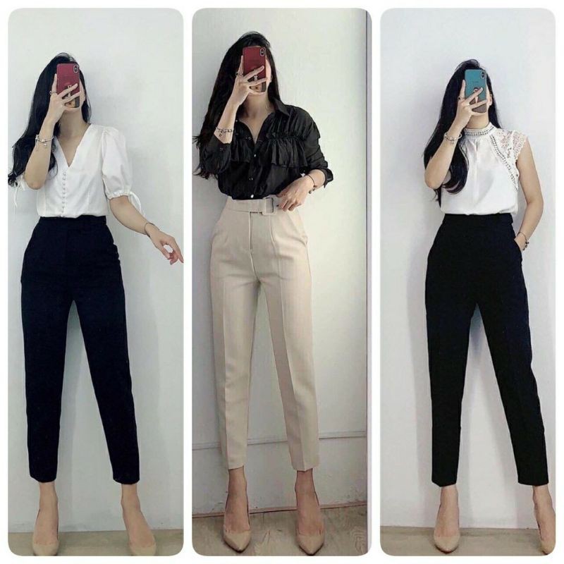 Quần Baggy nữ lưng cao kèm đai vuông bọc viền cúc bấm - chất vải tuyết mưa - 2 màu đen - kem