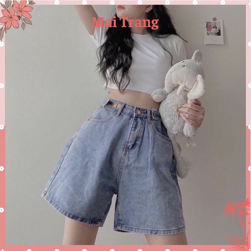 Quần đùi jean nữ ống rộng cạp cao, Quần short jean nữ xắn gấu 5 cúc Maitrangshop92 – (TTQ08)