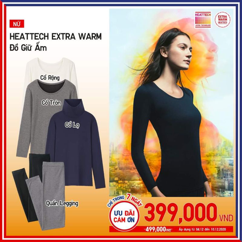 (UNIQLO Nhật chính hãng) Nữ - Áo giữ nhiệt Heattech dòng extrawarm cổ U rộng tay lửng EXTRA WARM SCOOP NECK T-SHIRT