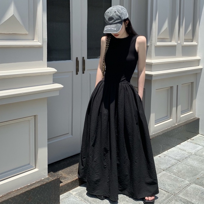 Đầm Dài Không Tay Màu Đen Thiết Kế Đơn Giản Thời Trang Mùa Hè Phong Cách Hàn Quốc Cho Nữ