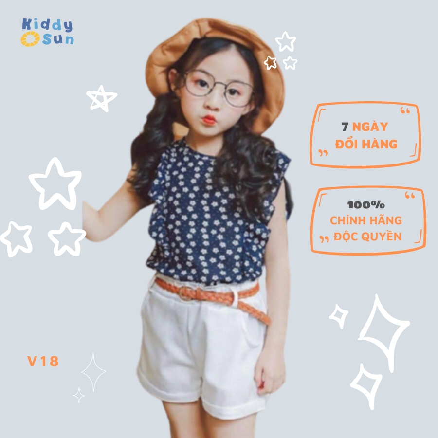 Set đồ bé gái áo hoa nhí tay bèo, quần trắng gập gấu kèm thắt lưng cực xinh Kiddysun V18