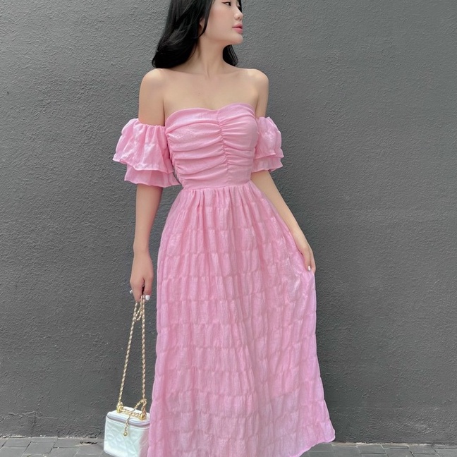 Đầm trễ vai maxi tay phồng dáng xòe phong cách retro cực sexy dễ thương đi chơi đi biển dự tiệc
