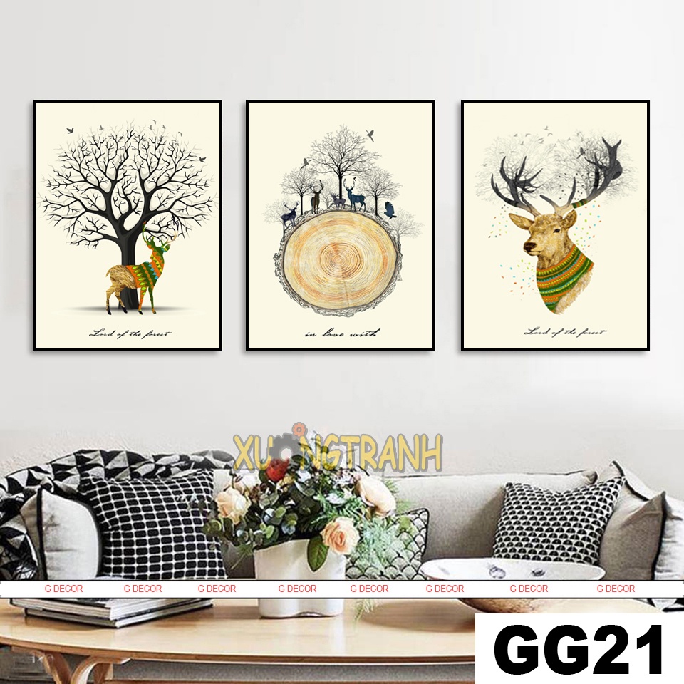 Tranh treo tường canvas 3 bức phong cách Bắc Âu 10, tranh hươu tài lộc trang trí phòng khách, phòng ngủ, phòng ăn, spa