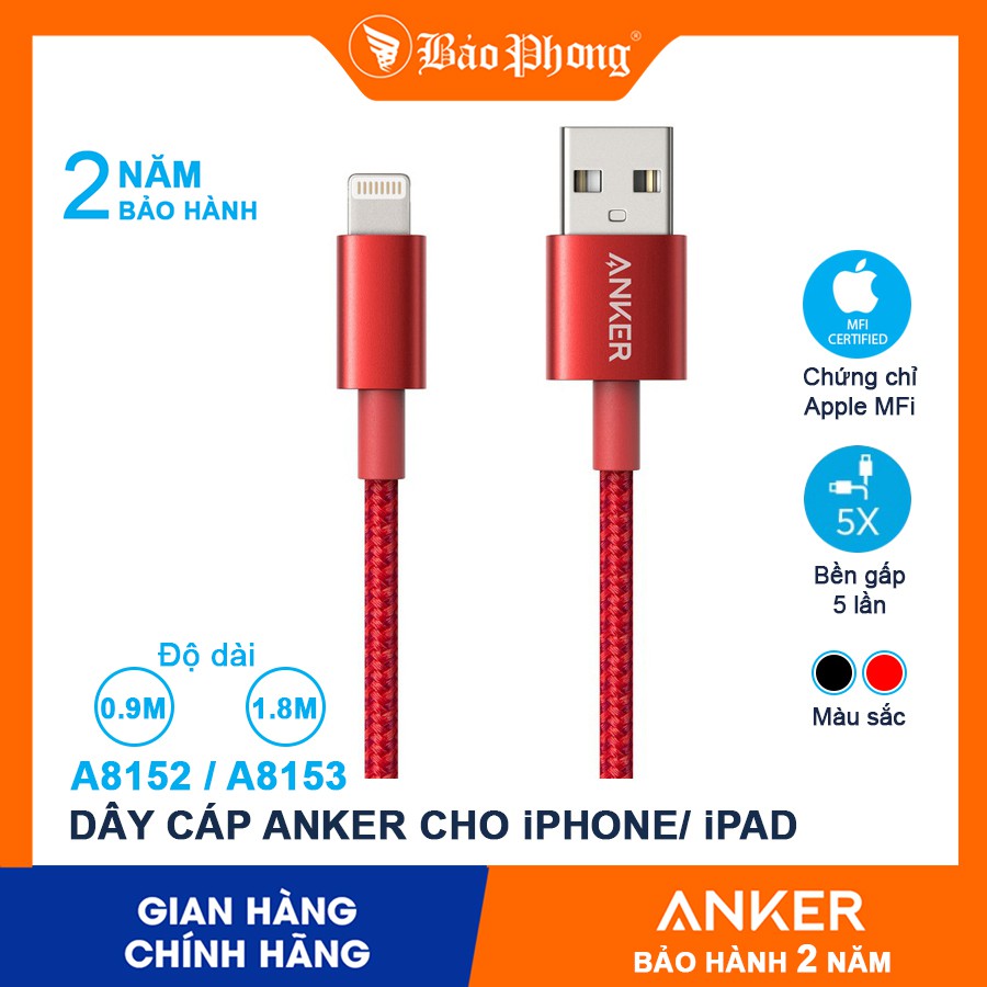 Cáp Sạc ANKER A8152 A8153 dây dù có MFI Lightning Cho iP Chính Hãng bảo hành 2 năm ip 5 6 6s 7 8 plus x xs max