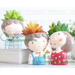 Chậu trồng cây hình người tóc xoăn cô gái chàng trai đáng yêu trồng cây cảnh mini sen đá