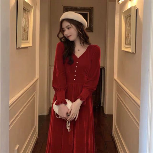 Ảnh thật - Clip thậ Đầm maxi đỏ tay phồng nhẹ