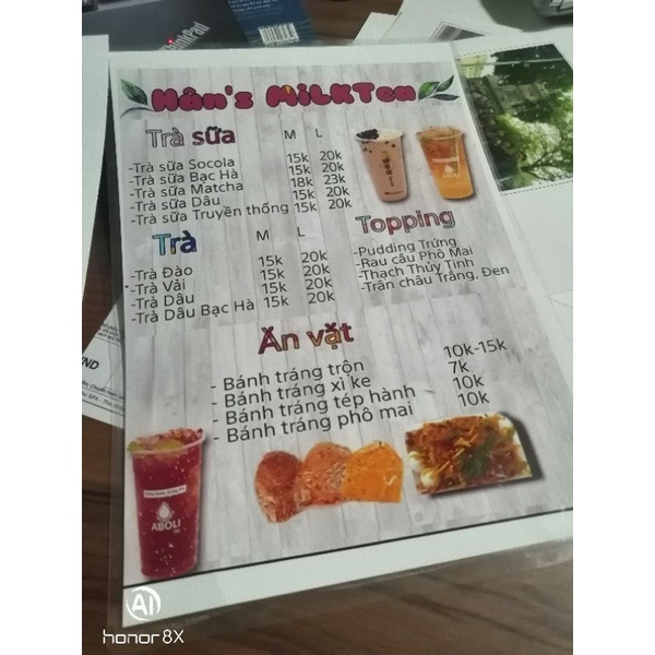 In Menu theo yêu cầu, menu fomex, menu bồi, menu ăn vặt, manu quán trà sữa, spa