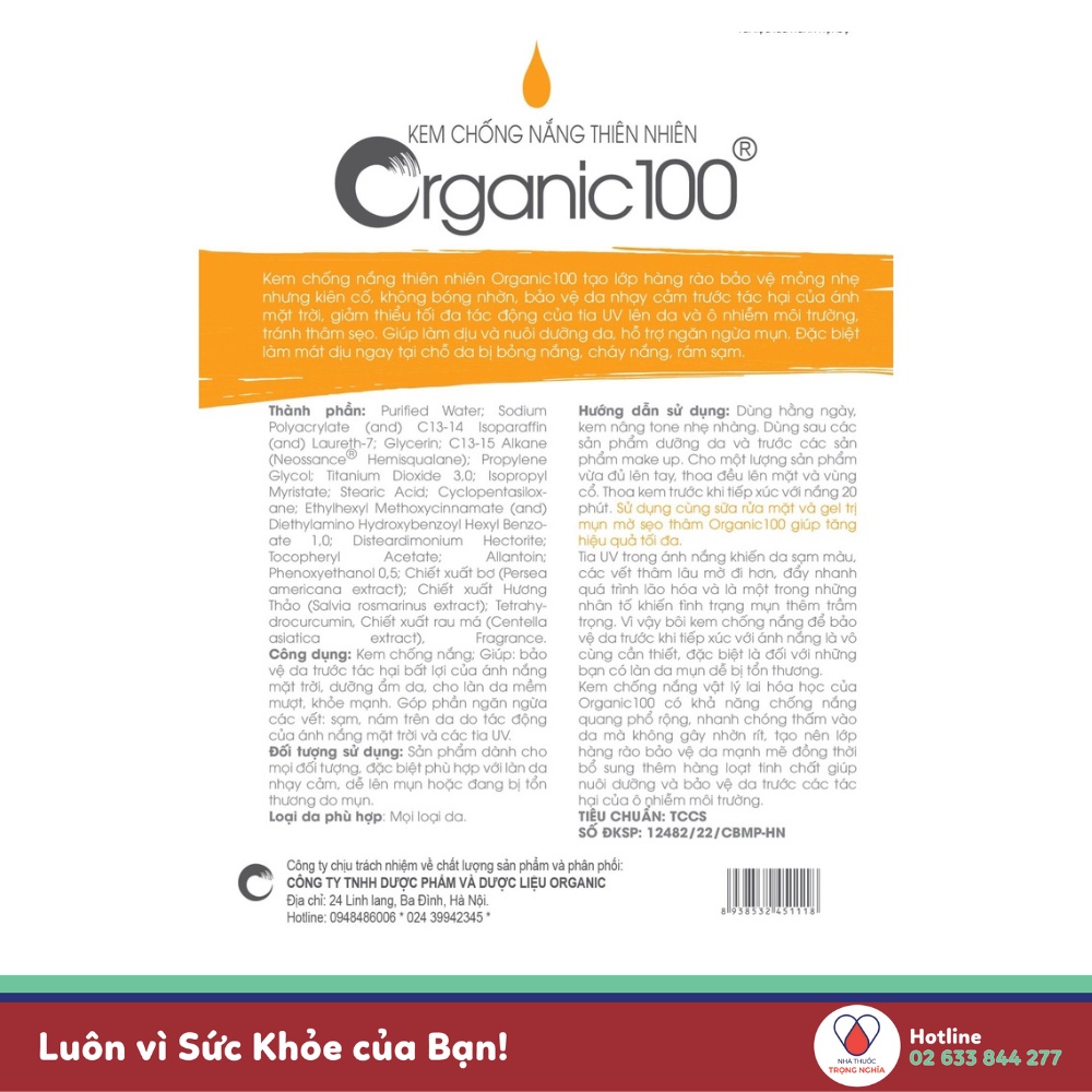 Kem chống nắng thiên nhiên Organic100 tuýp 50g