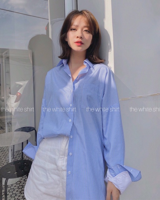 NARYN SHIRT - áo sơ mi kẻ cách điệu 2 ống tay màu xanh