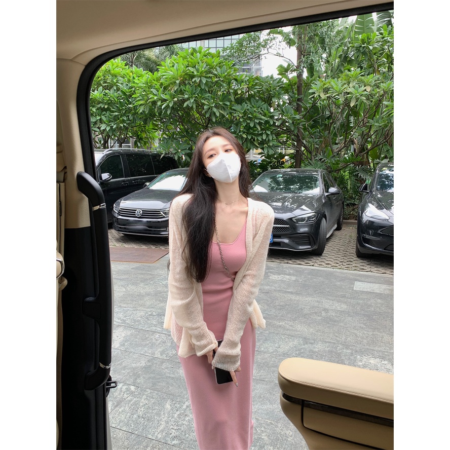 Cocory vn Đầm Maxi Hai Dây Cổ Chữ U Dáng Ôm / Áo Cardigan Vải Mềm Tay Dài Thời Trang Mùa Thu Cho Bạn Gái