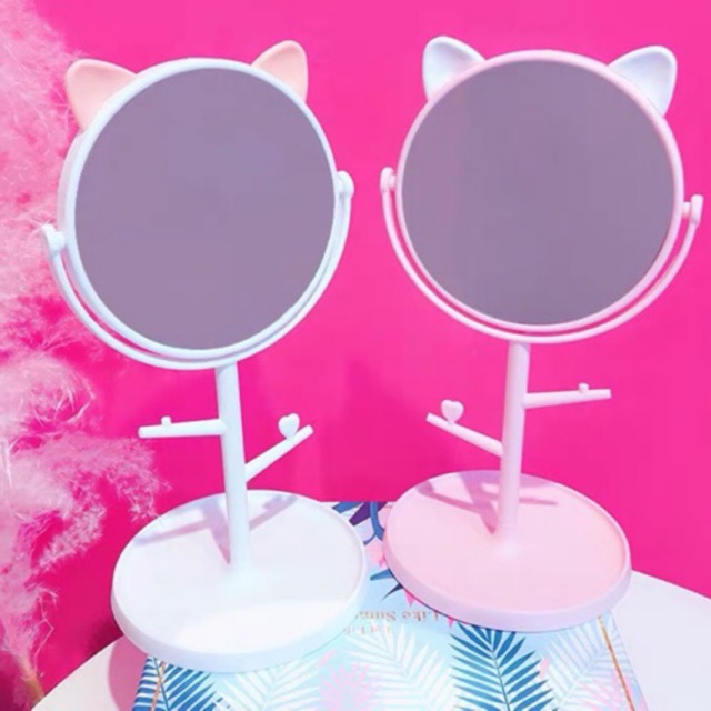 Gương trang điểm Để bàn Tai Mèo Dễ Thương Kèm Móc Treo Phụ Kiện Xoay 360 Độ 2 Màu xinh xắn