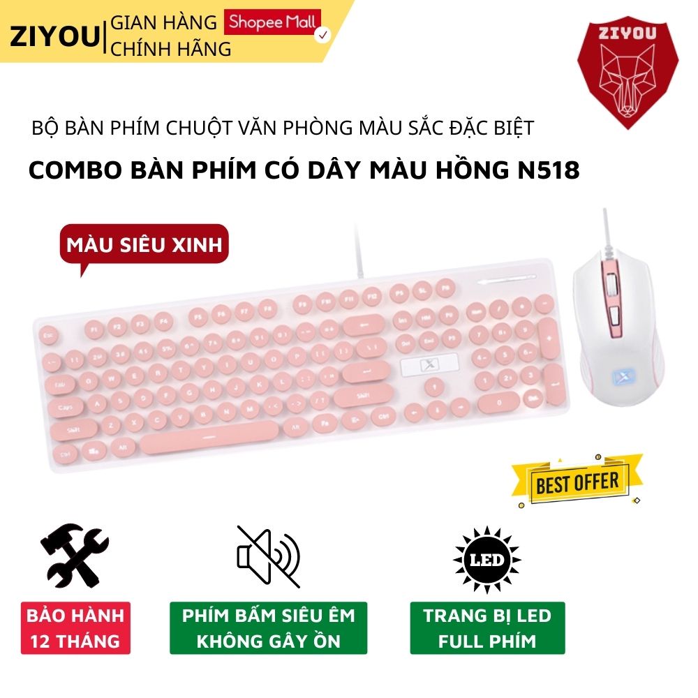 Bộ bàn phím và chuột có dây ZIYOU N518 có led sáng chữ siêu đẹp,cho máy tính,PC,Laptop