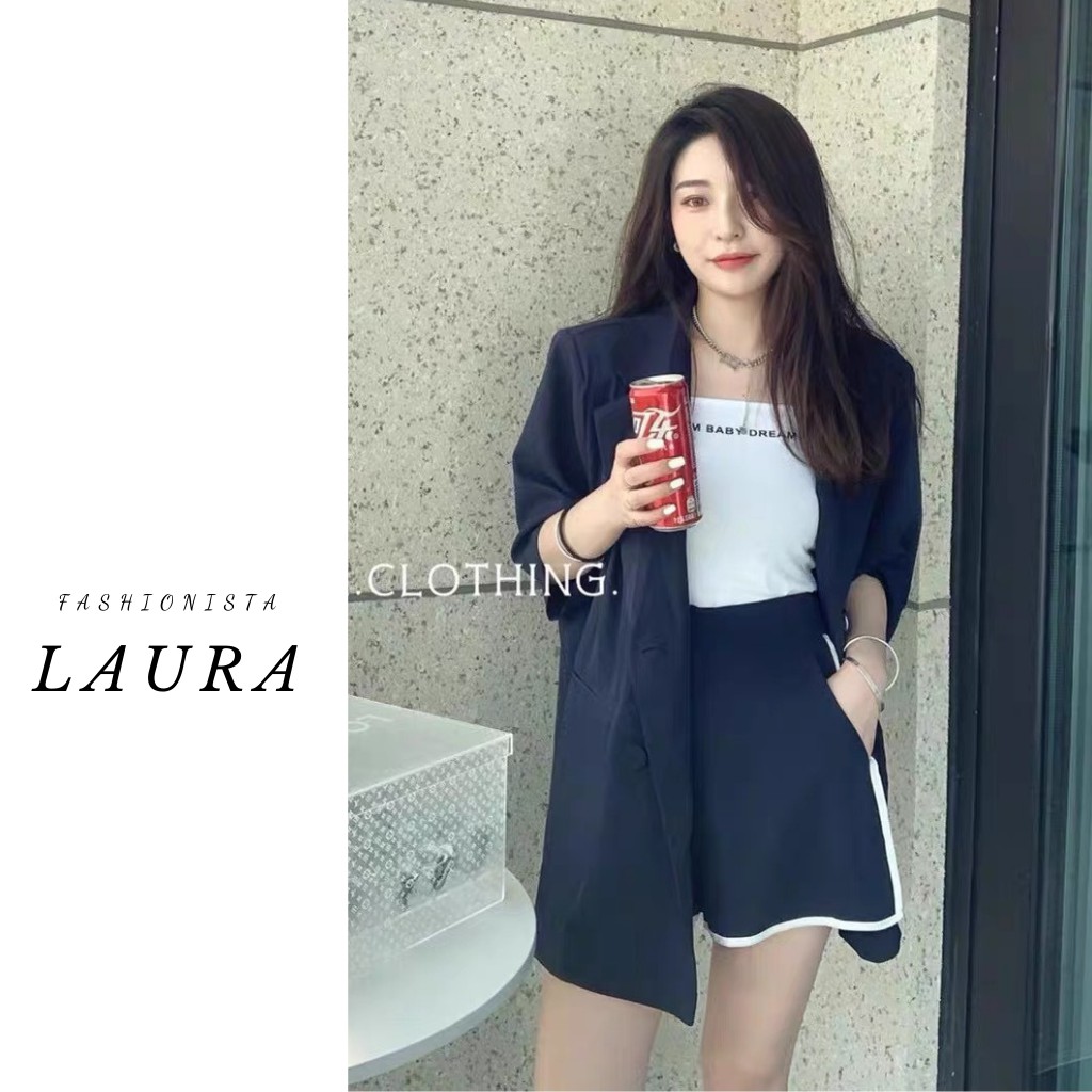 Set áo blazer nữ kèm quần short nữ xanh than Laura Boutique - Set áo vest nữ kèm quần sooc nữ năng động