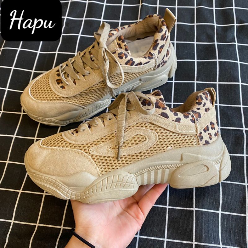 Giày nữ Hapu sneaker nâng đế Da Beo Nâu , thể thao lưới siêu hot 2022