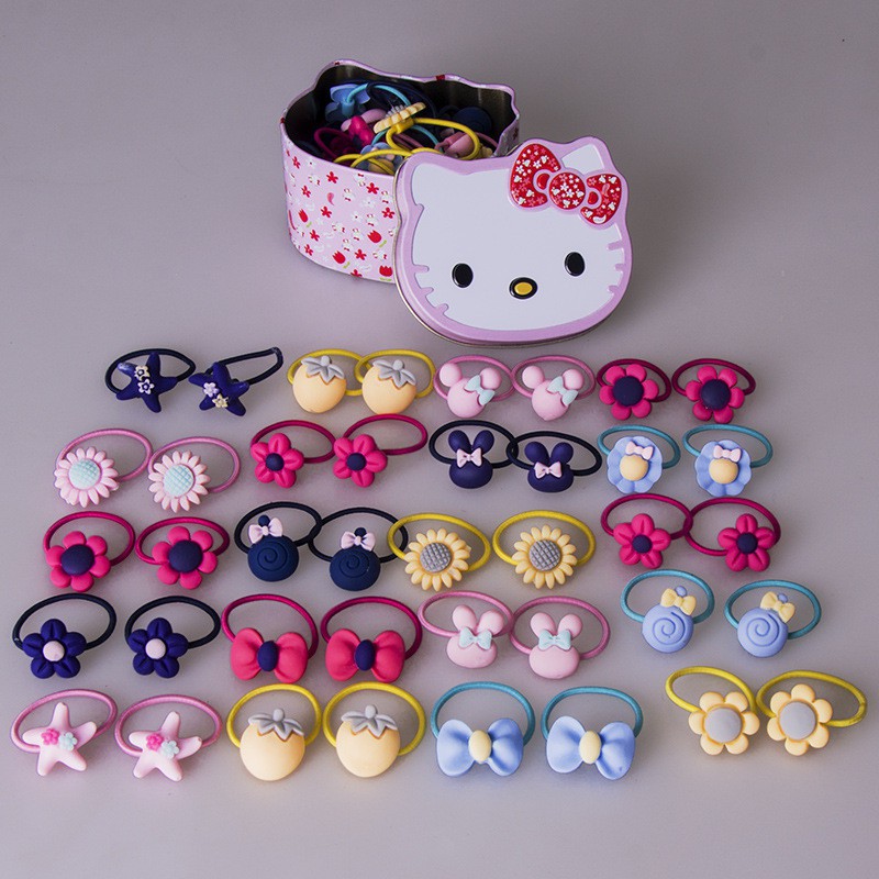 HỘP 40 DÂY CỘT TÓC NHIỀU MÀU HÌNH MÈO KITTY SIÊU XINH CHO BÉ GÁI - DÂY THUN MỀM MẠI CO GIÃN TỐT, LÀ MÓN QUÀ CỰC CUTE
