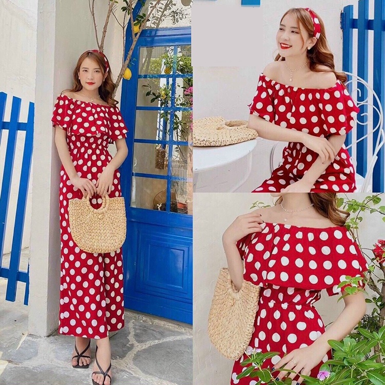 [VOUCHER LYLY12345,THIẾT KẾ CHUẨN SHOP]Jumpsuits Trễ Vai Eo Thun Họa Tiết Chấm Bi Xinh Xắn, đồ bay, đồ bay trễ vai