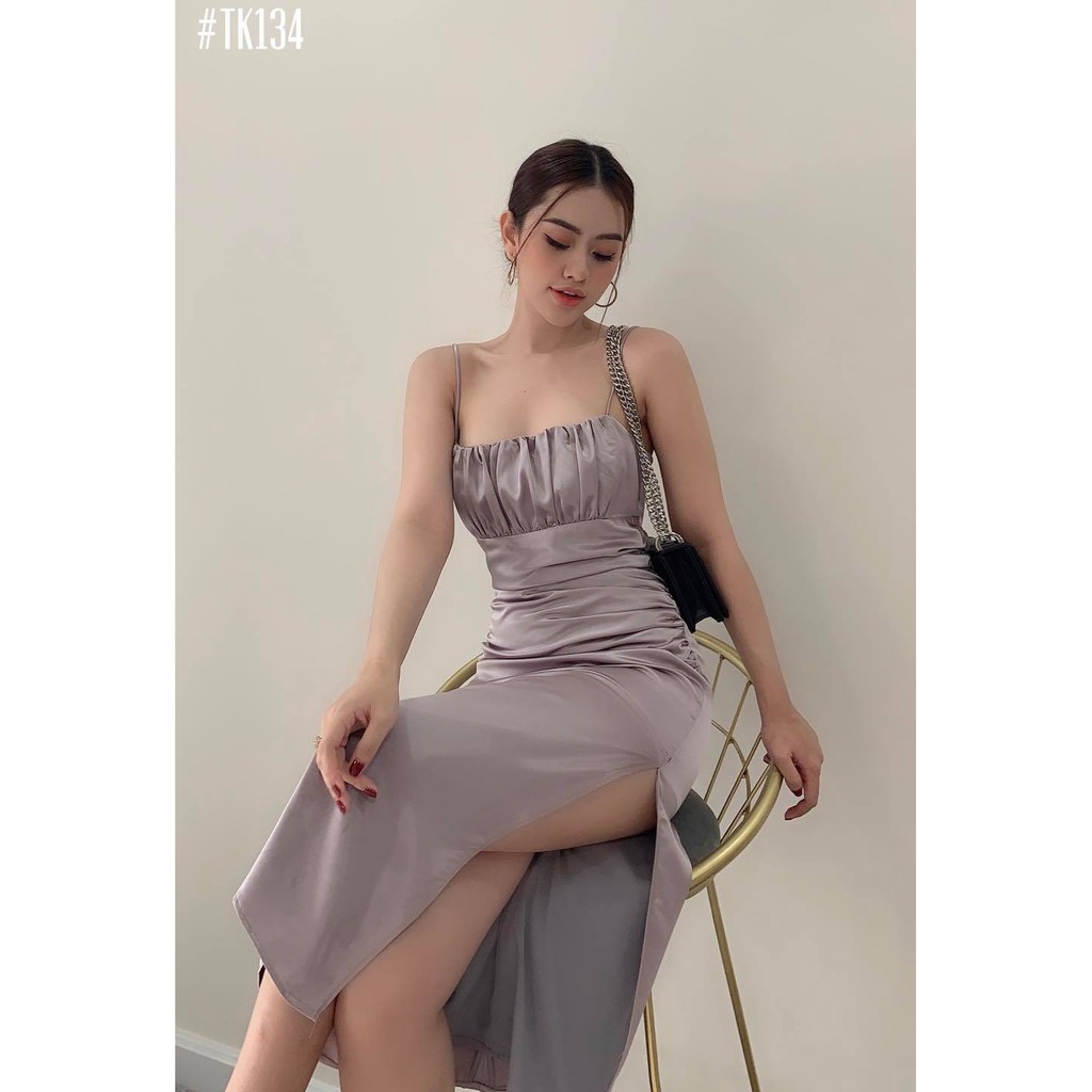 [HÀNG THIẾT KẾ CAO CẤP] Đầm Hai Dây Xẻ Tà Đi Tiệc Sang Trọng Màu Xám