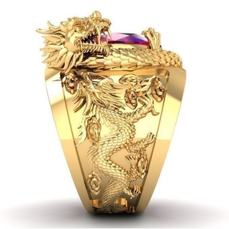 Nhẫn Thép Titan Mạ Vàng 24K Hình Rồng Đính Đá Ruby Sang Trọng