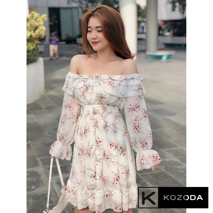 Váy Hoa Nhí Đầm Voan vintage Dáng Dài đẹp trễ vai bèo dài tay chun eo dáng xòe có lớp lót Quảng Châu kozoda d16 | BigBuy360 - bigbuy360.vn