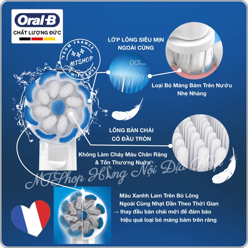 Bàn Chải Điện Oral-B Nội Đia PHÁP Pro 2000/3000: Làm Sạch Sâu, Cảm Biến Áp Lực, Hai Chế Độ Đánh Răng, Chống Nước