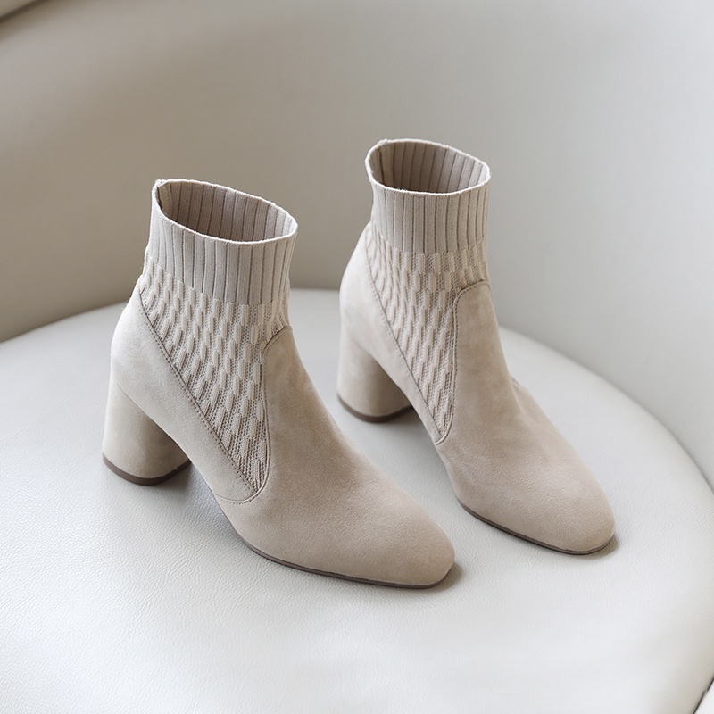 Bốt Cổ Len Nữ Cổ Cao Cao Gót 6 Phân Mũi Nhọn Da Lộn