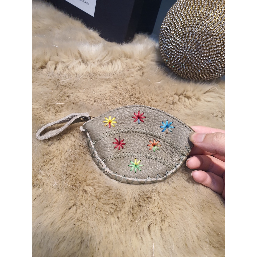 Ví đựng tiền mini da thêu hoa vintage handmade 10cm