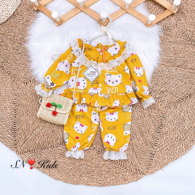 Bộ pijama thô phối ren ngực siêu chảnh cho bé gái - BPR