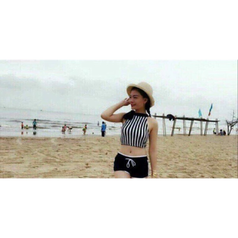 Bikini sọc cổ cột nơ