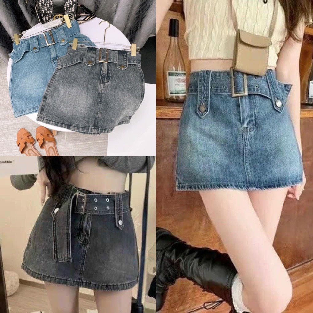 Chân Váy Bò Kèm Đai Bản To Nữ -Skirt jean dáng ngắn thiết kế thắt lưng cá tính có quần hàn quốc Về 2 màu xanh, khói