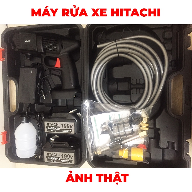 [Tặng bình xịt tạo bọt] Máy rửa xe Hitachi dùng pin - Áp lực cao, k cần cắm điện - Pin 199v - Bảo hành 12 tháng