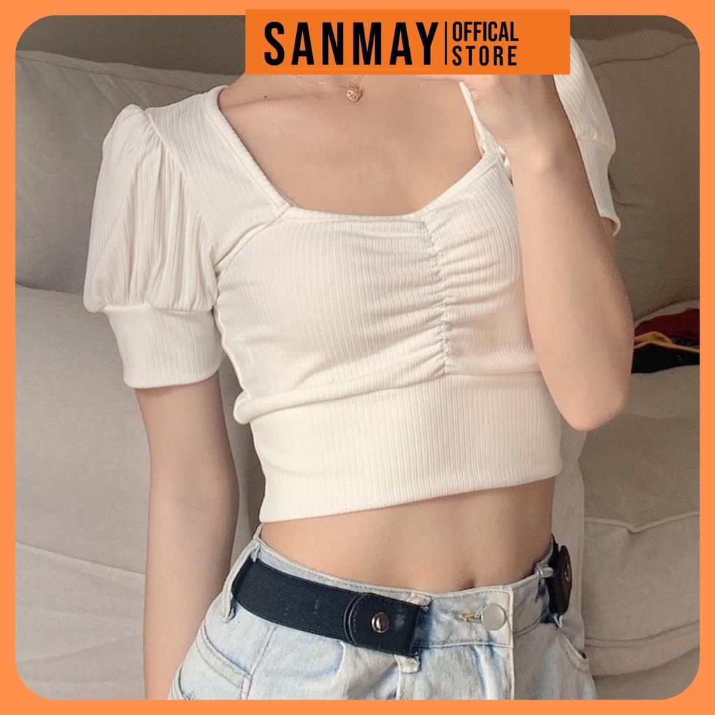 Áo Croptop Nữ Tay Ngắn Ôm Body SANMAY Áo Thun Croptop Tay Phồng Cổ Vuông Đẹp, Kiểu Ulzzang Sexy 5 Màu Đen Trắng AO012