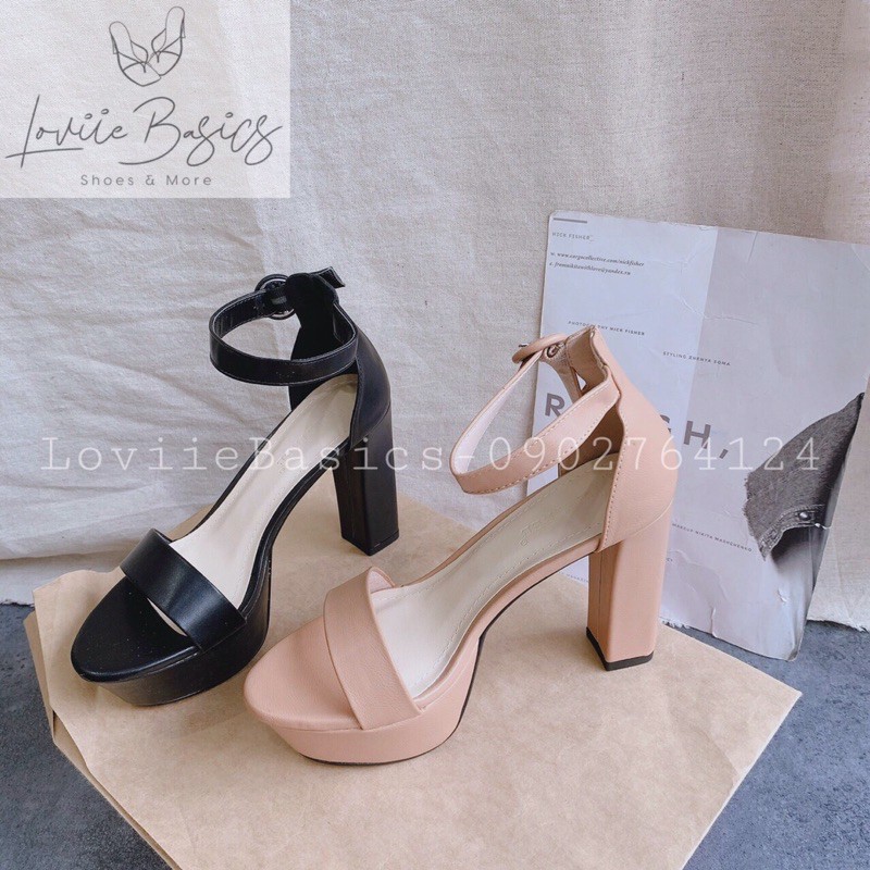 LOVIIEBASICS - GIÀY SANDAL NỮ CAO GÓT QUAI NGANG ĐẾ ĐÚP 11CM - GIÀY SANDAL CAO GÓT QUAI NGANG - ĐEN KEM TRẮNG - G201071