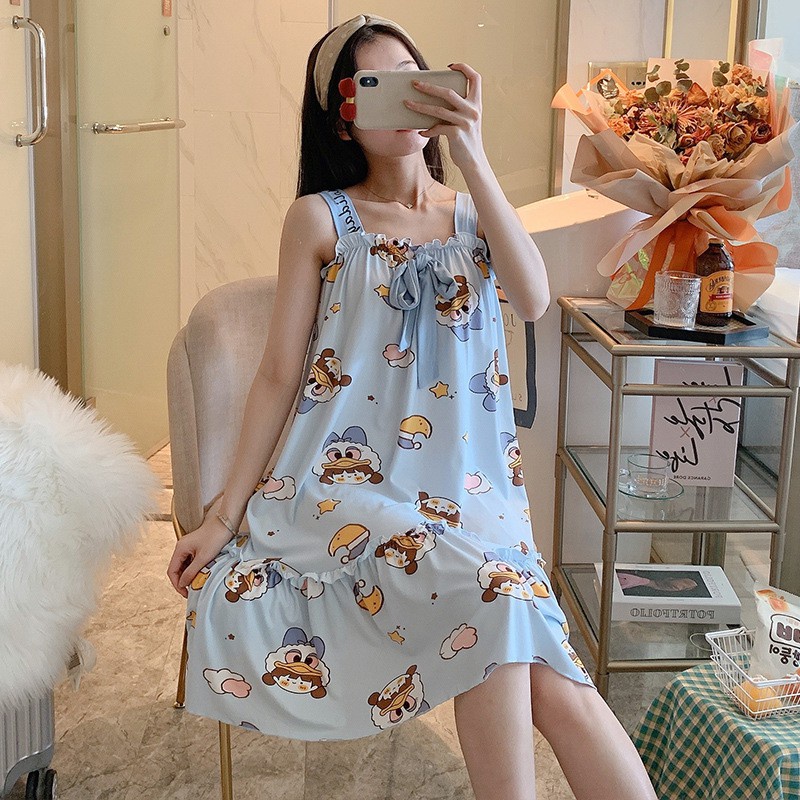 Váy Ngủ Nữ Hai Dây Dáng Suông Qua Gối, Đầm Ngủ Thun Cotton Phối Nơ Latozia BDN19