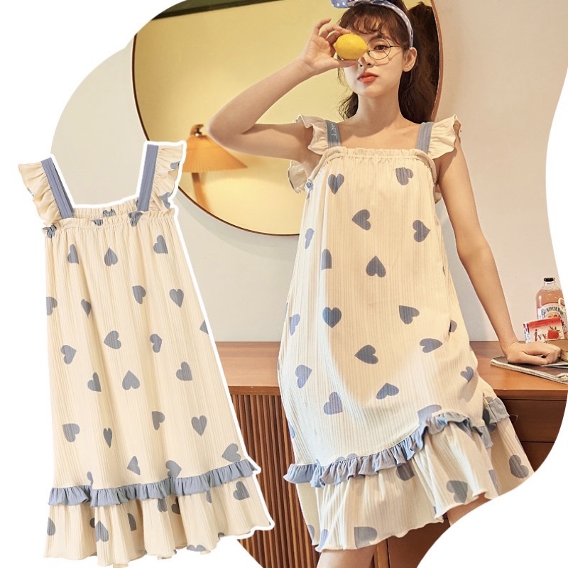 Váy ngủ hai dây họa tiết trái tim, Váy ngủ dáng xuông đuôi cá đáng yêu