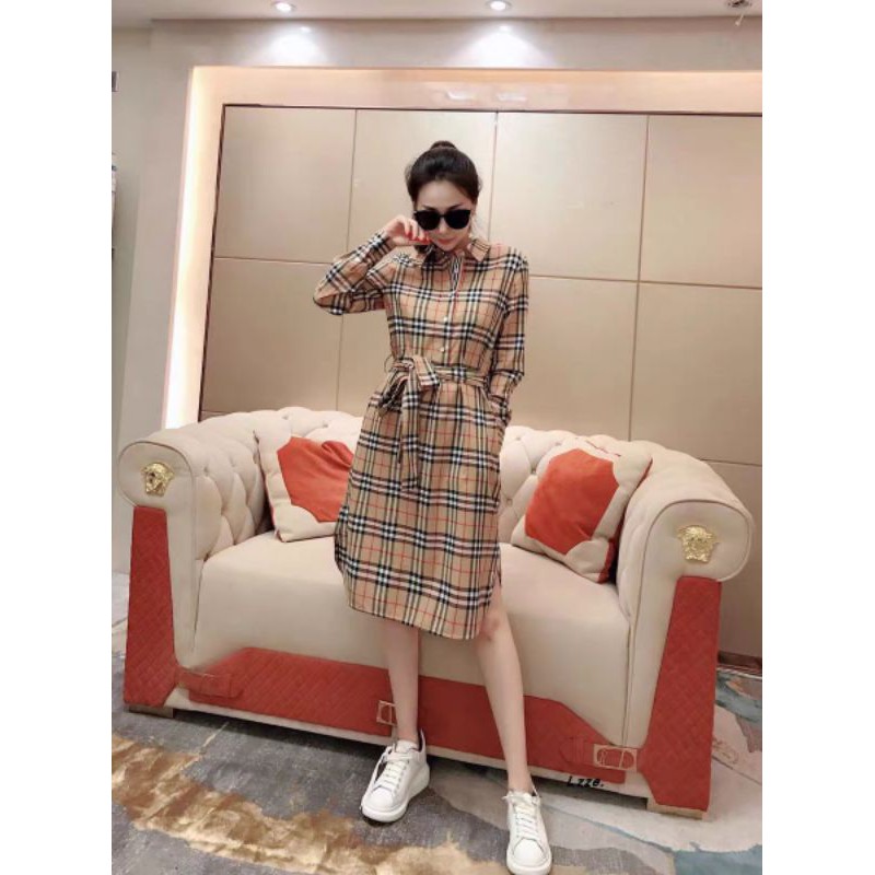 váy sơ mi nữ dài tay có đai nơ kẻ caro Burberry BBR