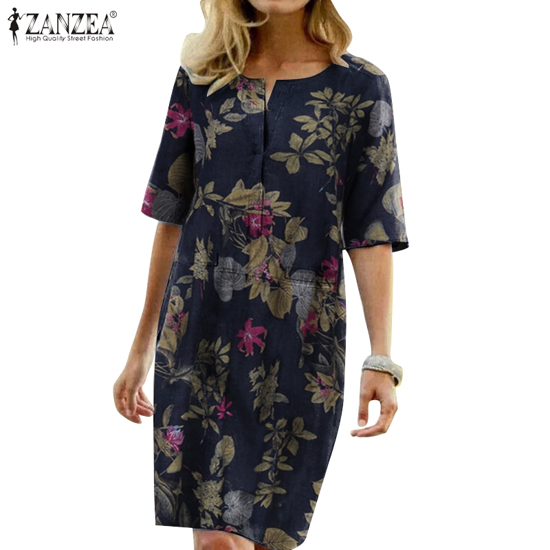 ZANZEA Đầm Hoa Dáng Suông Tay Lửng Cổ Điển Cho Nữ